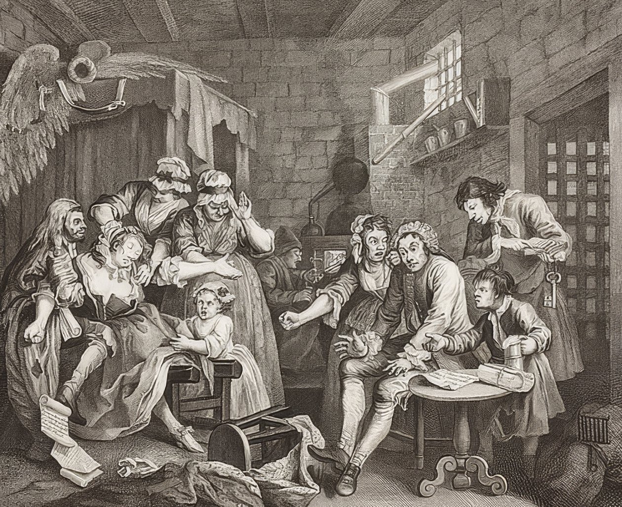 A Rake?S Fremskridt, Plade 7: The Rake in Prison / The Path of a Verbosom, Blad 7: Tom Rakewell i fængslet. 1735 af William Hogarth