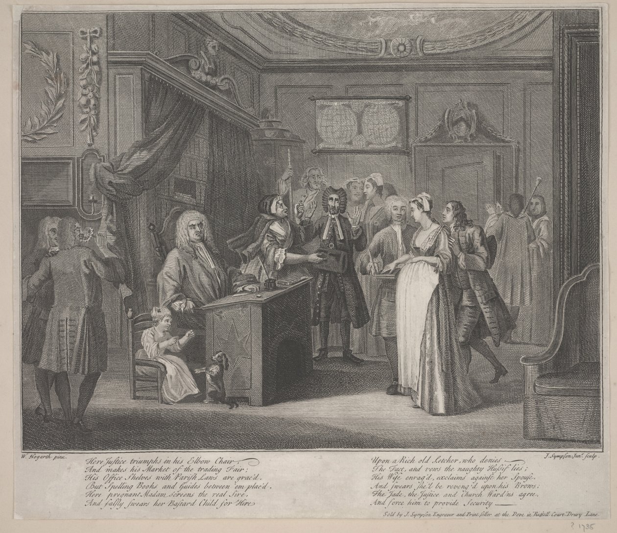 En kvinde, der sværger et barn til en gravborger, ca. 1730-35 (radering) af William Hogarth