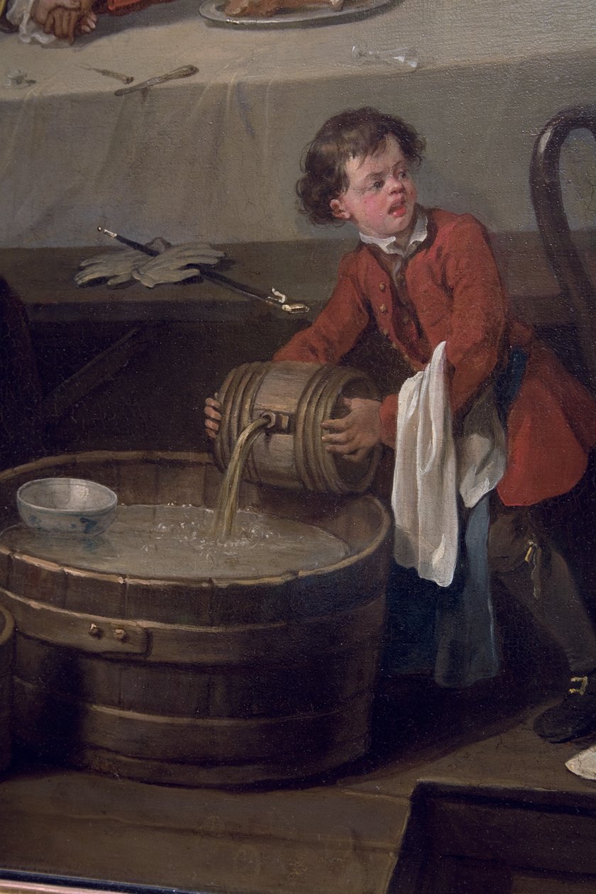 En distraheret spidskål hælder et fad brændevin på en halv tønde beskidte tønder, detaljer fra An Election, Scene I, An Election Entertainment, 1744-45 af William Hogarth