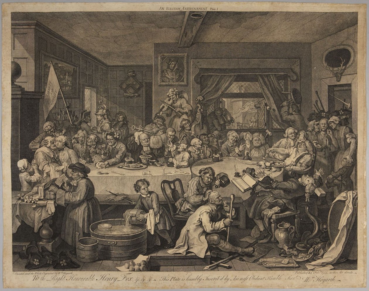 Et valgoptog, tavle 1 fra serien Fire tryk om et valg af William Hogarth