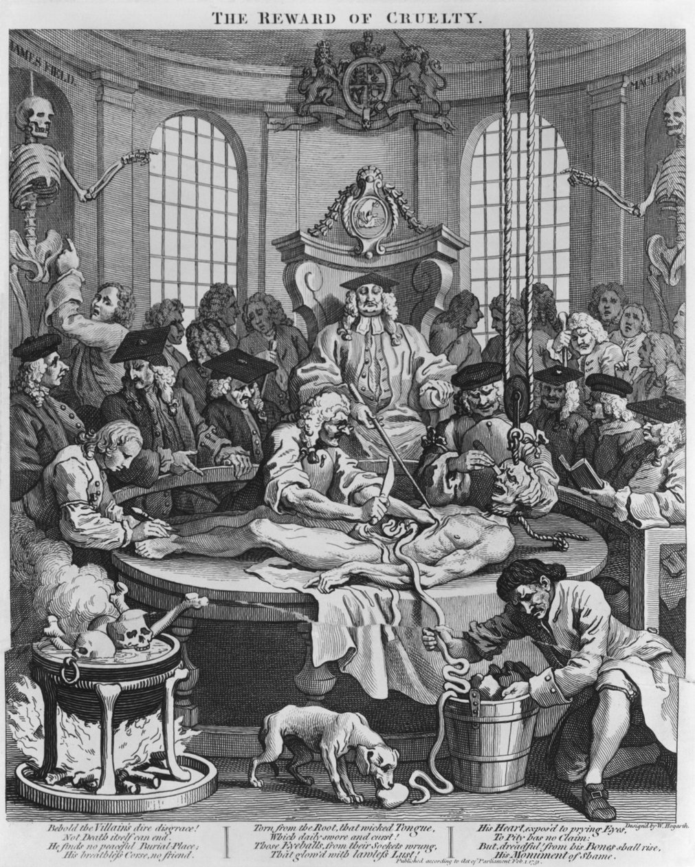 Obduktion eller grusomhedens belønning, fra grusomhedens fire stadier, 1751 af William Hogarth