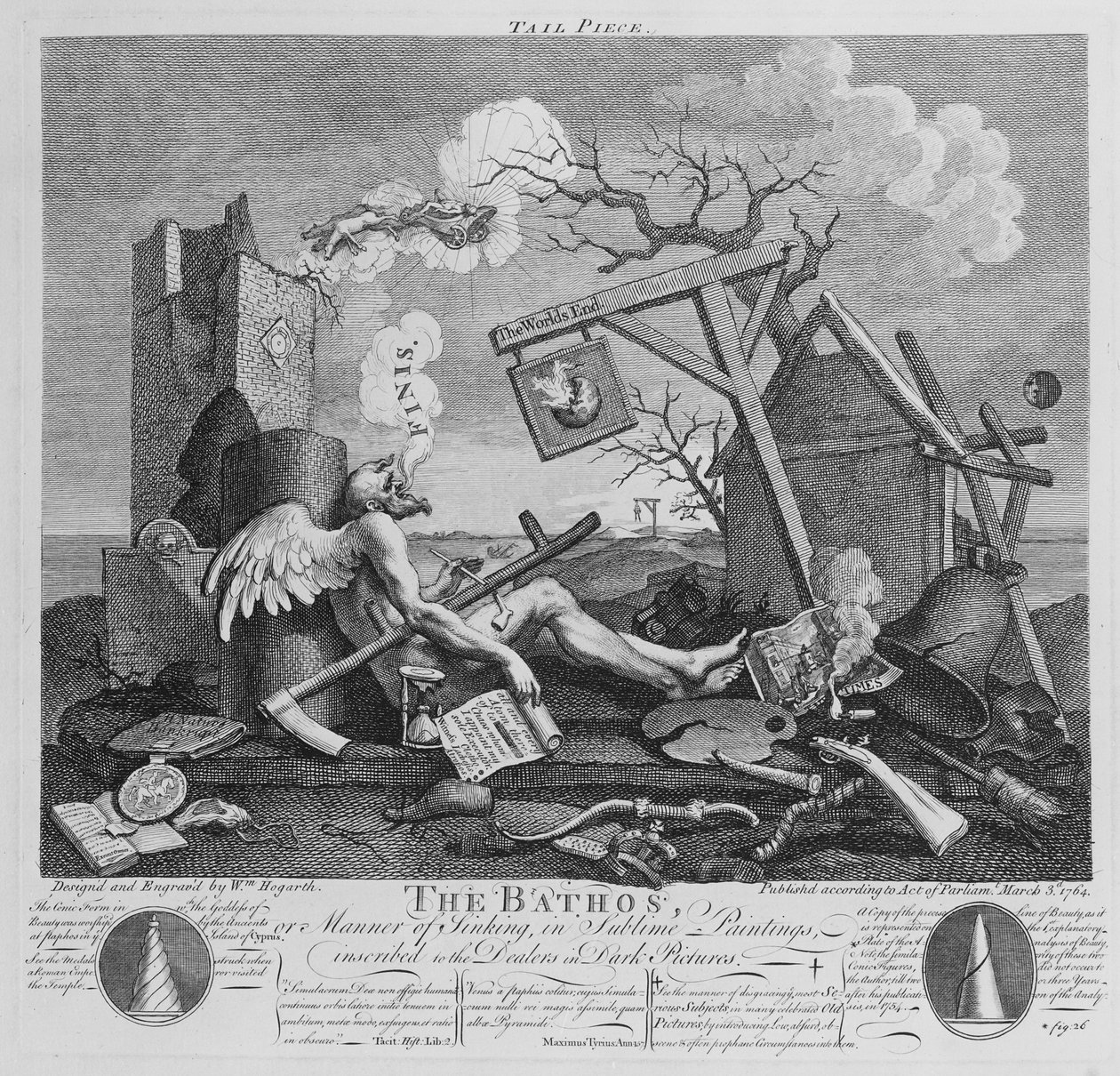 Bathos, måde at synke, i sublime malerier indskrevet til forhandlerne i mørke billeder, 1764 af William Hogarth