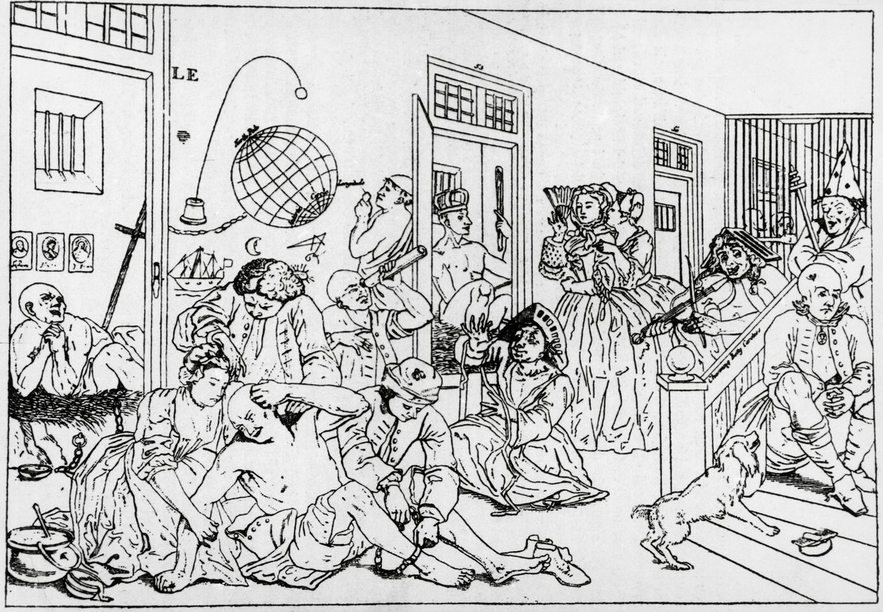 Bedlam mental institution, gravering fra serieraks fremskridt, af William Hogarth (1697-1764) af William Hogarth