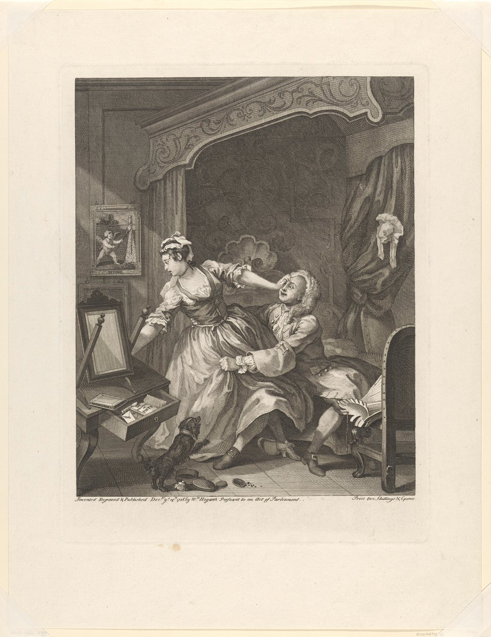 "Før" Mand trækker en modvillig kvinde mod sig i et soveværelse før (titel på objekt) Før og efter (serietitel) Før og efter (serietitel) af William Hogarth