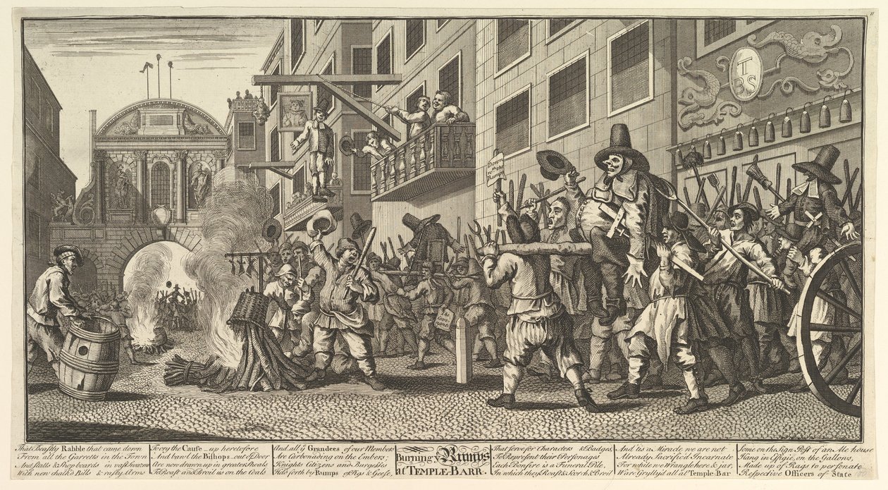 Burning the Rumps at Temple Bar Tolv store illustrationer til Samuel Butlers Hudibras..., 1725-68. af William Hogarth