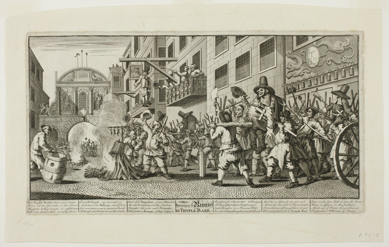 Burning the Rumps at Temple Bar, planche 11 fra Hudibras af William Hogarth