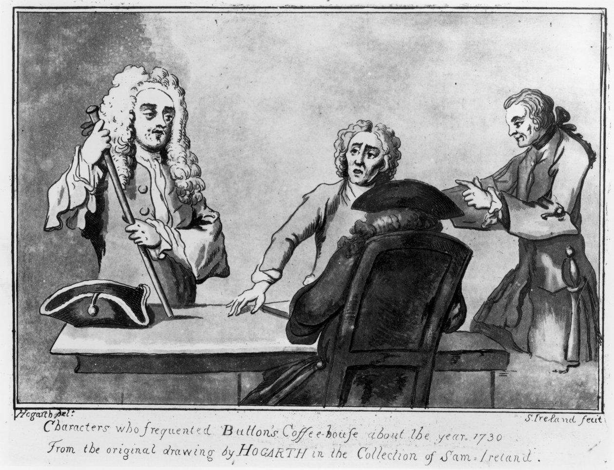 Buttons Coffee House, 1730 (pen og blæk og vask på papir) af William Hogarth