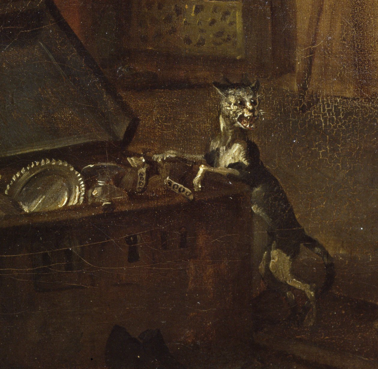 Kat med bryst, detalje fra A Rakes Progress I: Rækken tager sin ejendom i besiddelse, 1733 olie på lærred detalje af 72326 af William Hogarth
