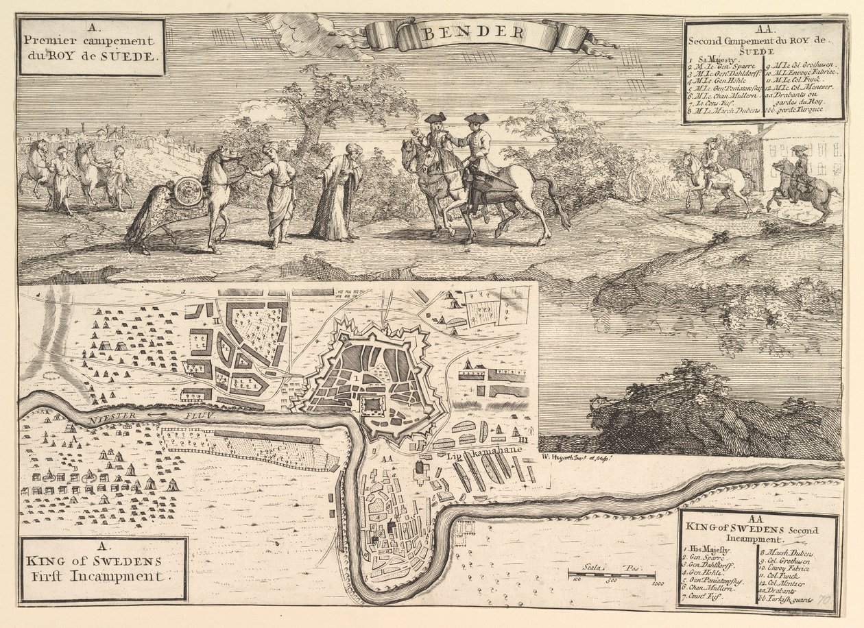 Charles XII ved Bender Aubry de La Mottrayes rejser gennem Europa, Asien og ind i..., 1723-24. af William Hogarth