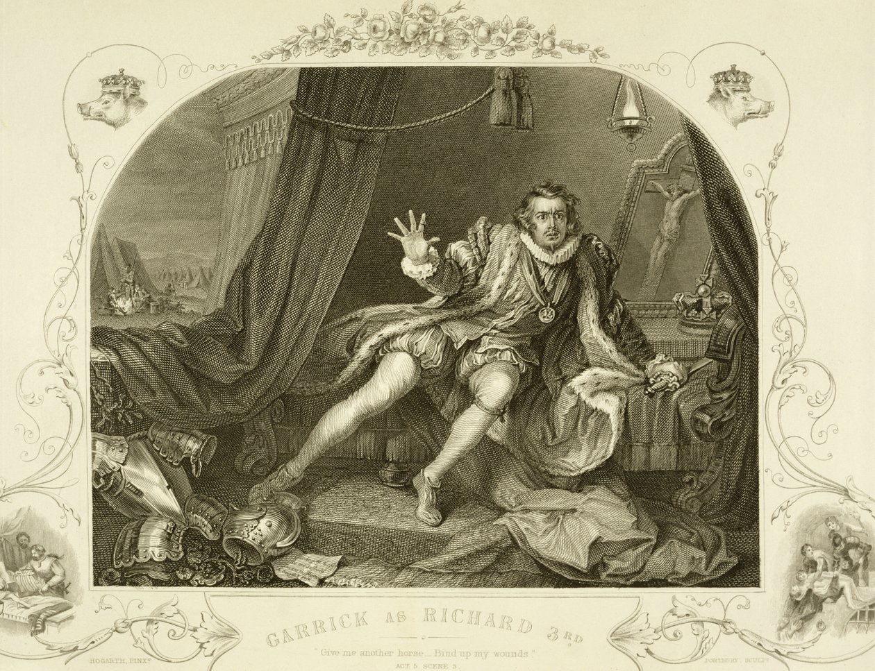 David Garrick (1717-79) som Richard III, Act V Scene 3, i skuespillet af William Shakespeare (1564-1616) indgraveret af Portbury af William Hogarth