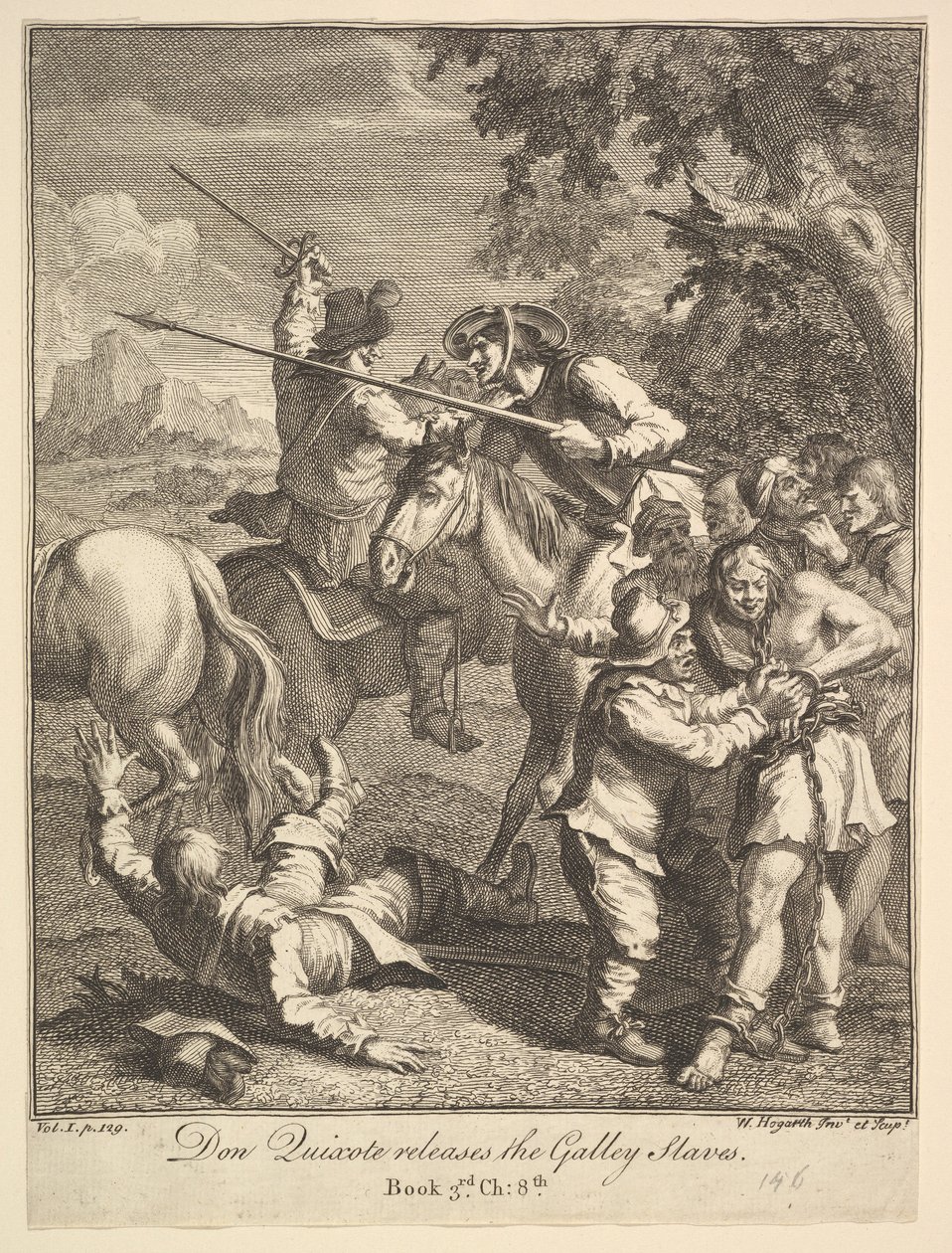 Don Quixote udgiver Galley Slaves Six Illustrations for Don Quixote, 1756 eller senere. af William Hogarth