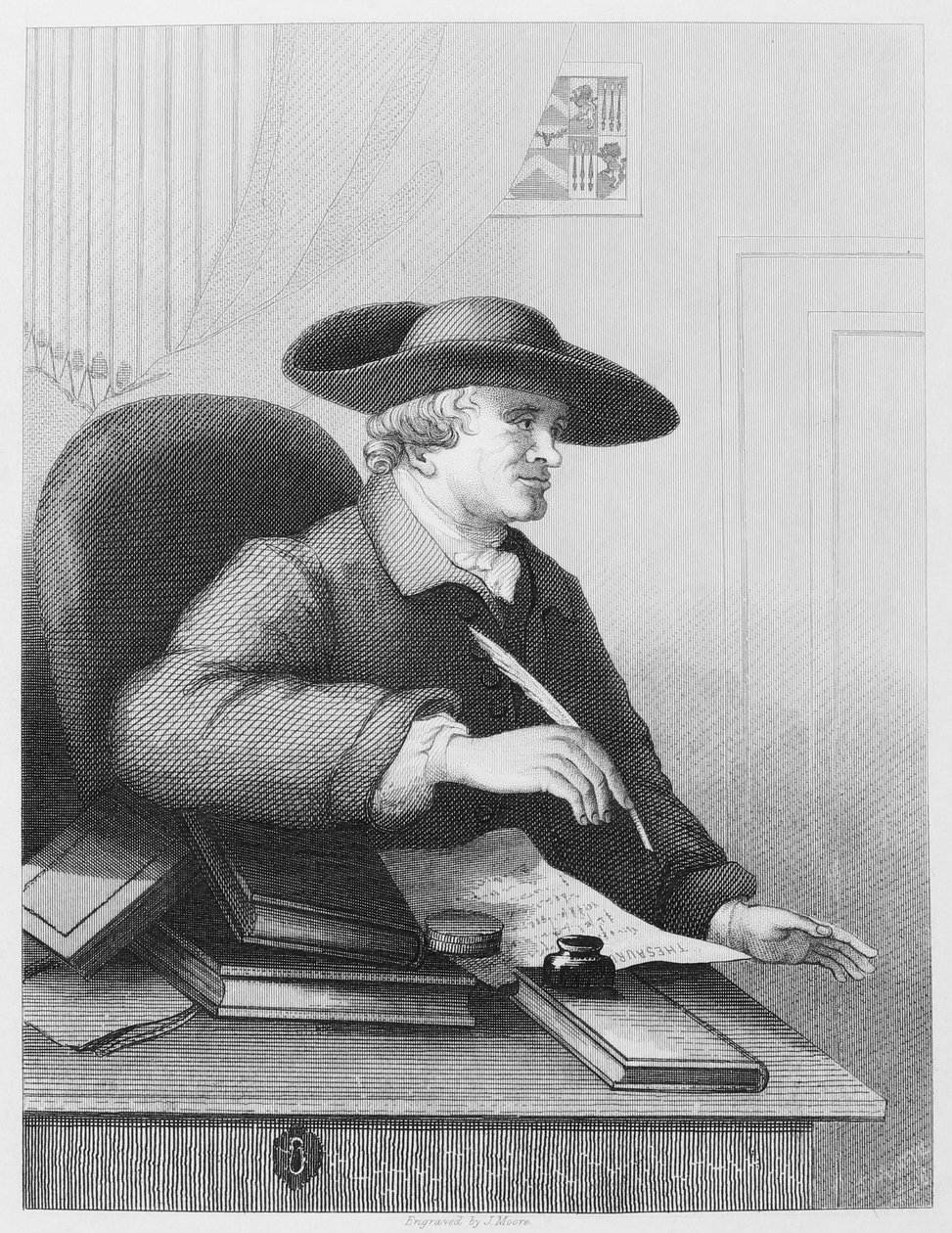 Dr. Thomas Morell, lærd og trykker. Han er kendt for at være en librettist og skrev den mest detaljerede beretning om samarbejdet med Handel Engraving af J Moore efter William Hogarth af William Hogarth