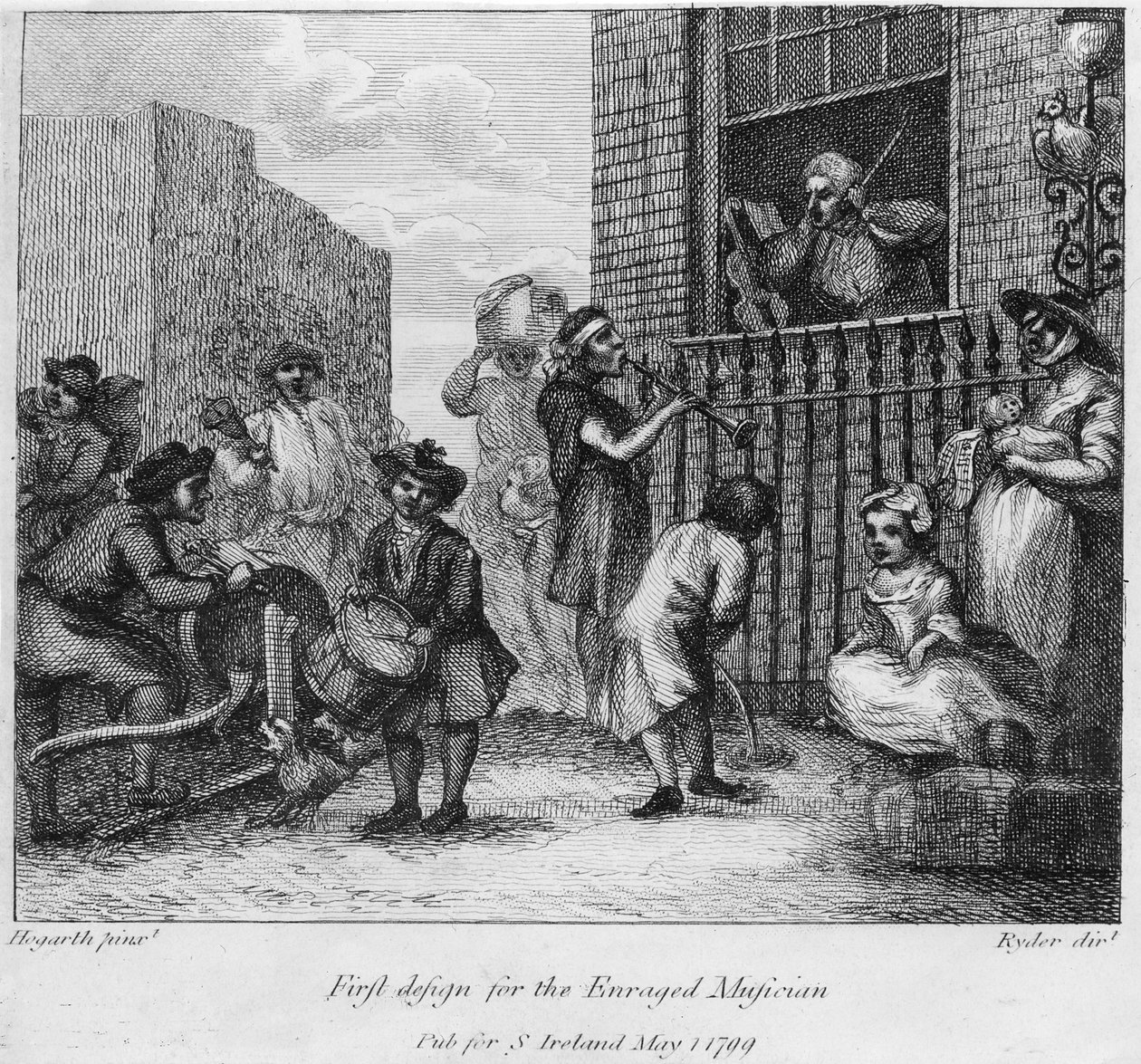 Første design til The Enraged Musician, 1799 af William Hogarth