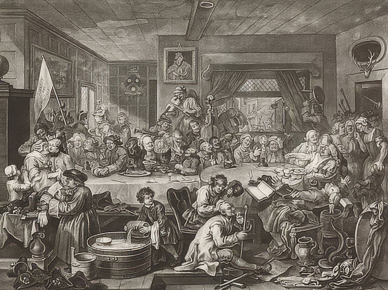 Fire aftryk af et valg / De almindelige valg. Blad 1: En valgunderholdning. 1755 af William Hogarth