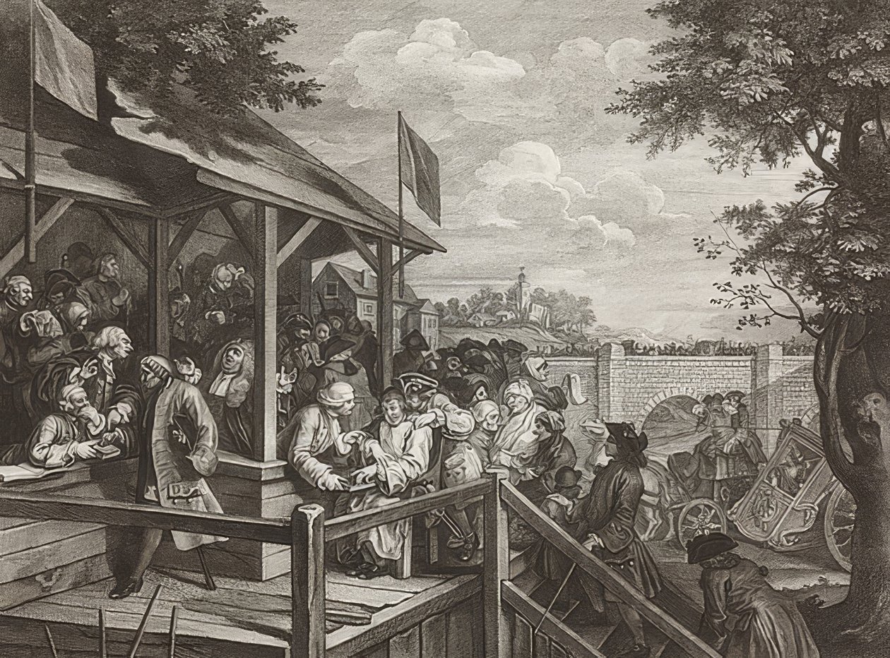 Fire aftryk af et valg / De almindelige valg. Blad 3: Afstemningen / Afstemningen. 1758 af William Hogarth