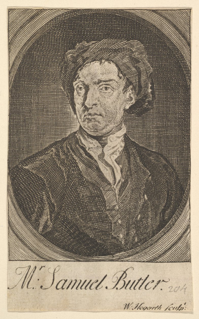 Frontispice-portræt sytten små illustrationer for Samuel Butlers Hudibras, april 1726. af William Hogarth