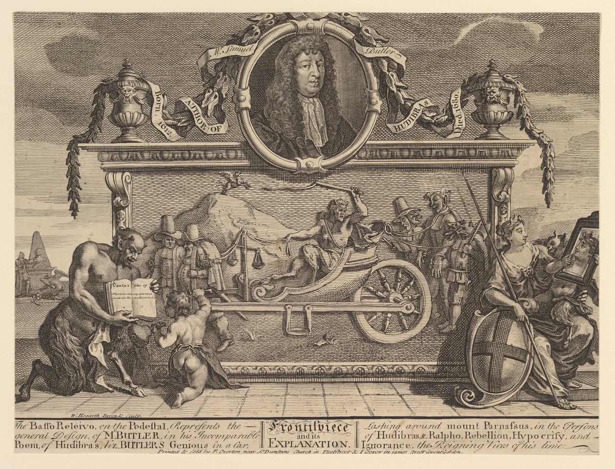 Frontispice og dens forklaring: Tolv store illustrationer for Samuel Butler..., februar 1725-26. af William Hogarth