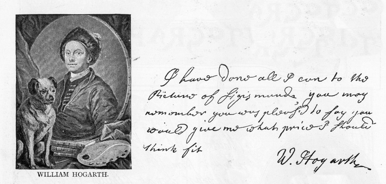Håndskrift og underskrift af William Hogarth, fra et brev til Sir Richard Grosvenor vedrørende hans bestilling af et billede af Sigismunda, 13. juni 1757 (pen og blæk på papir) (se også 396067) af William Hogarth