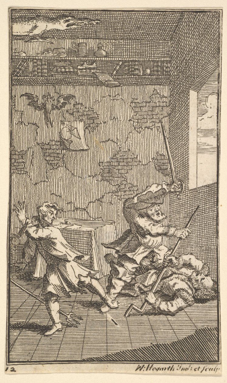 Hudibras slår Sidrophel og Whachum Sytten små illustrationer for Samuel Butler..., 1721-26. af William Hogarth