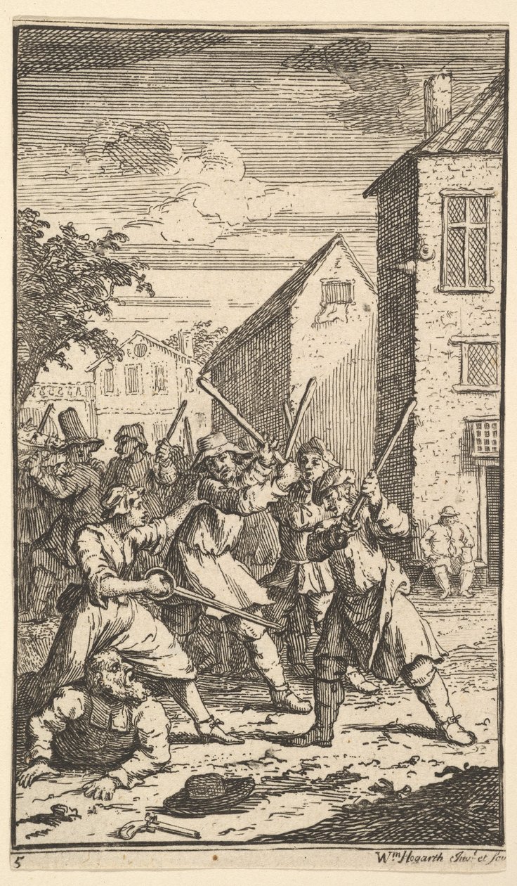Hudibras besejret af Trulla Sytten små illustrationer for Samuel Butlers Hudibr..., 1721-26. af William Hogarth