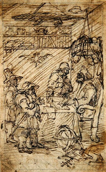 Hudibras besøger Sidrophel (pen og brunt blæk over blyant på papir) af William Hogarth