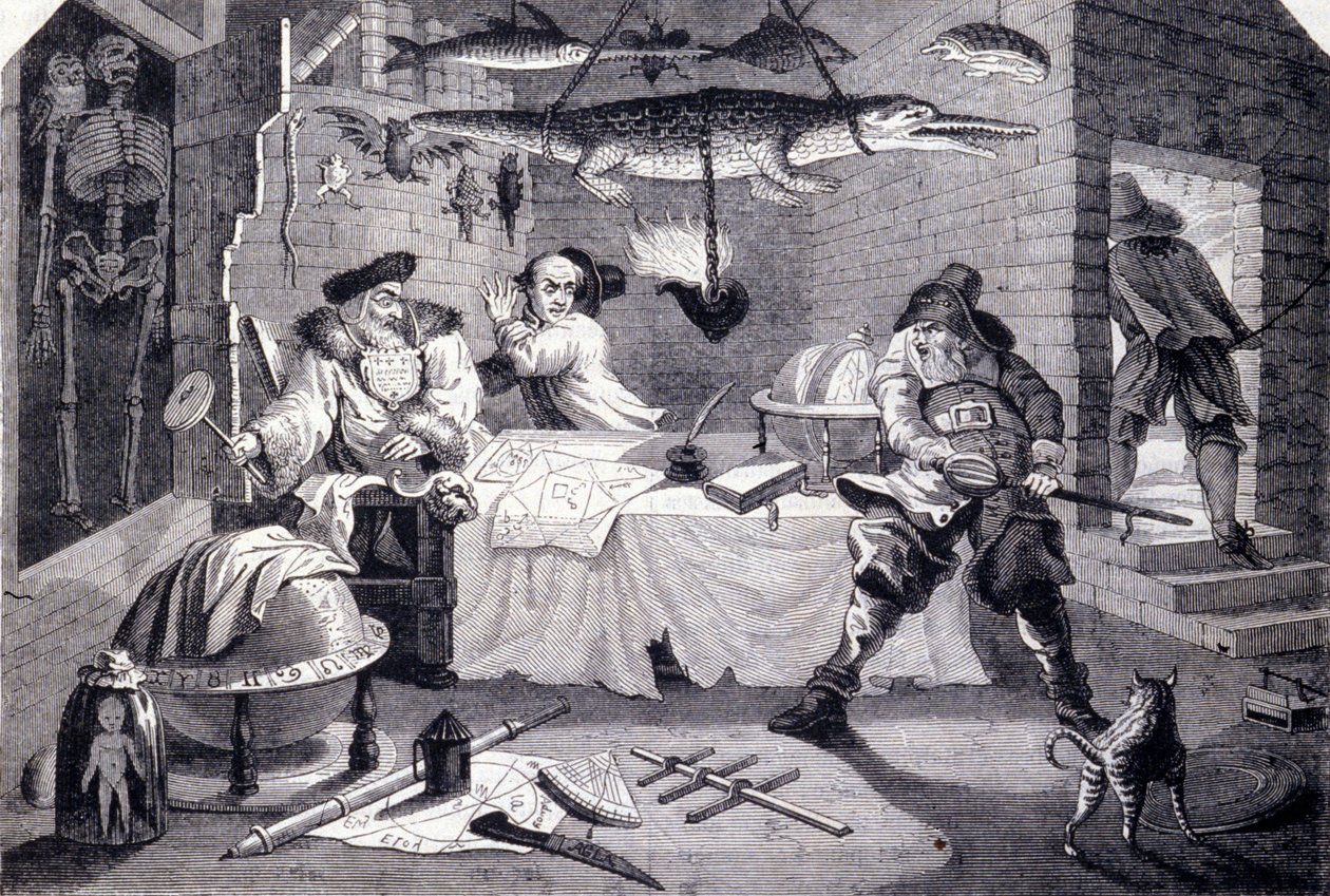 Hudribas angriber astrologen Sidrophel og hans kammertjener Wacum. Indgravering af William Hogarth (1697-1764) til digtet "Hubridas" af Samuel Butler (1600-tallet). Omkring 1725 af William Hogarth