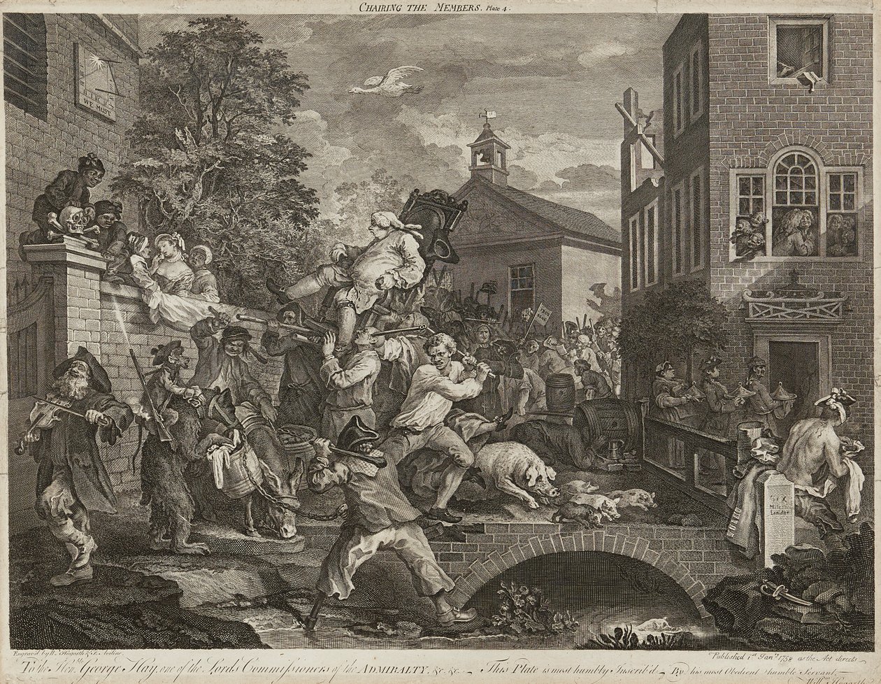 Humors of An Election (Sæt med fire) (gravering) af William Hogarth