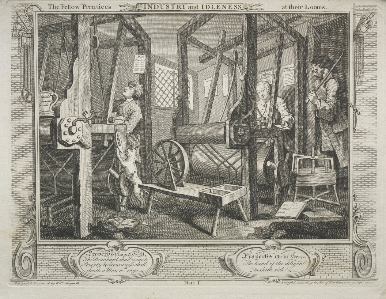 Industri og lediggang: The Fellow Prentices at their Looms af William Hogarth