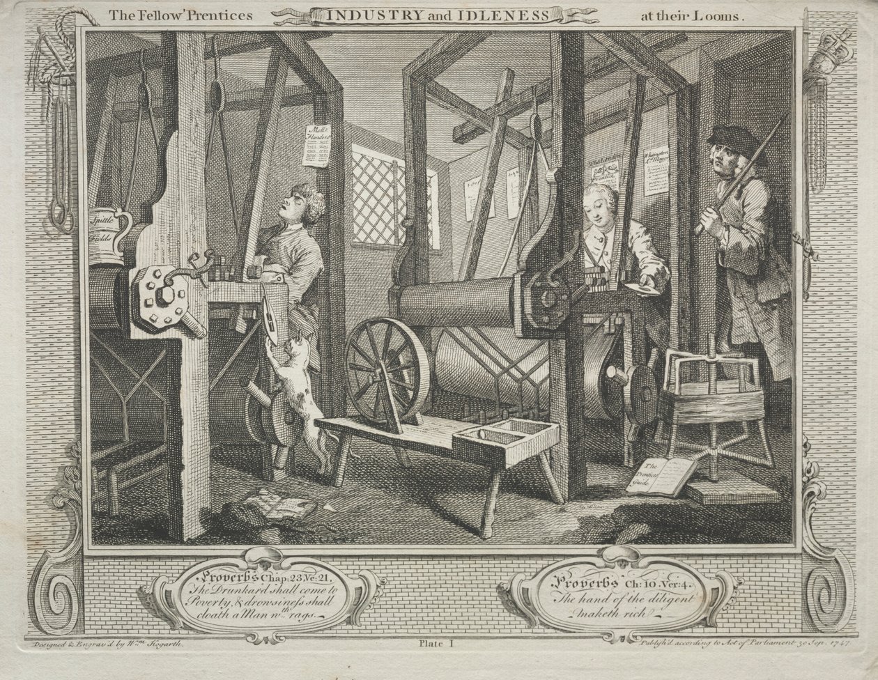 Industri og lediggang: The Fellow Prentices at their Looms, 1747. af William Hogarth