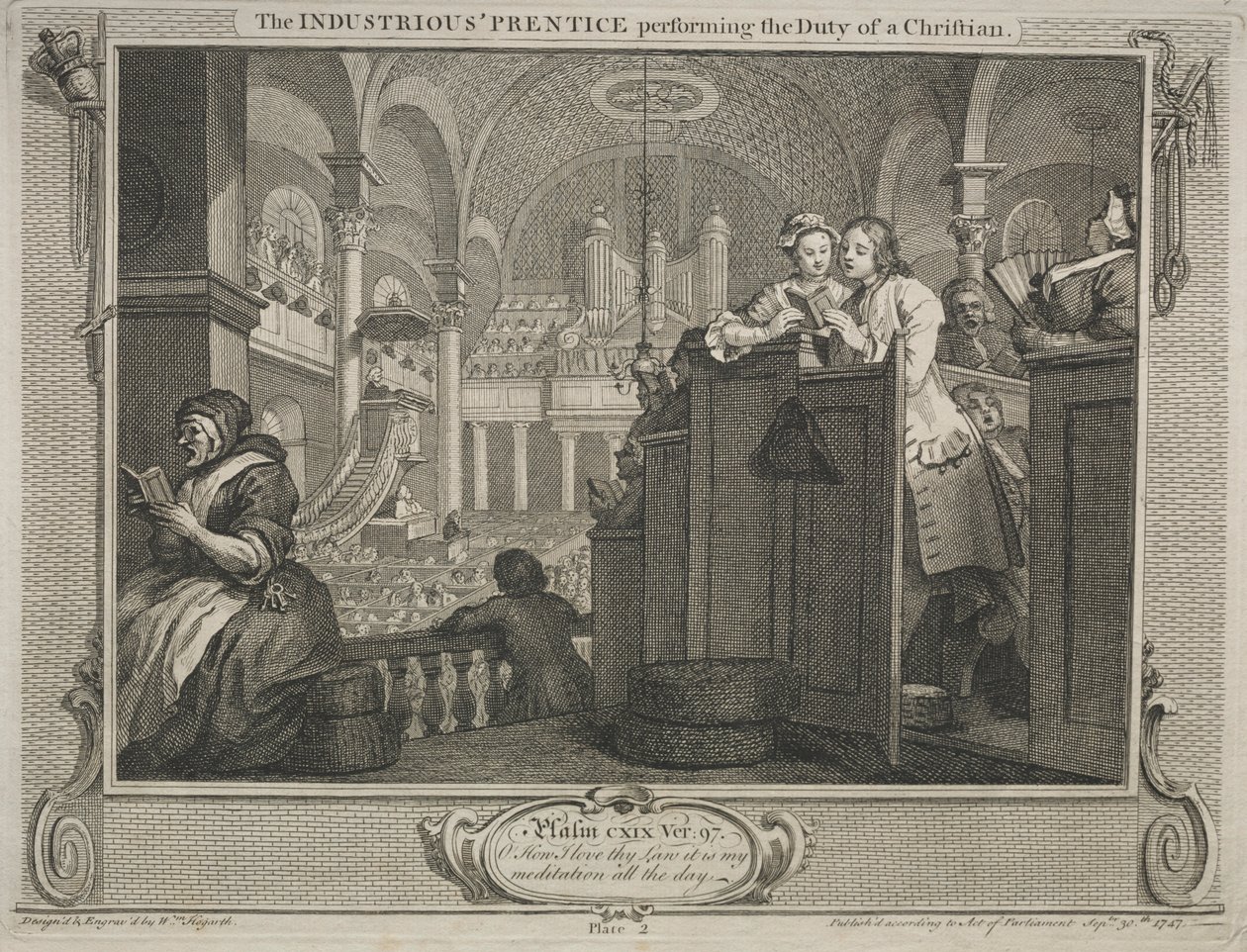 Industri og lediggang: Den flittige Prentice, der udfører en kristens pligt, 1747. af William Hogarth