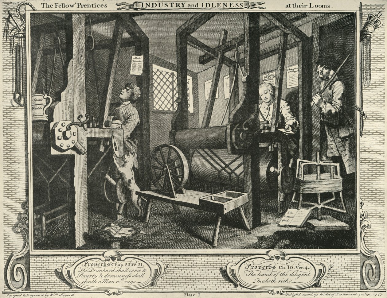 Interiør af et væverværksted, 1747, 1925. af William Hogarth