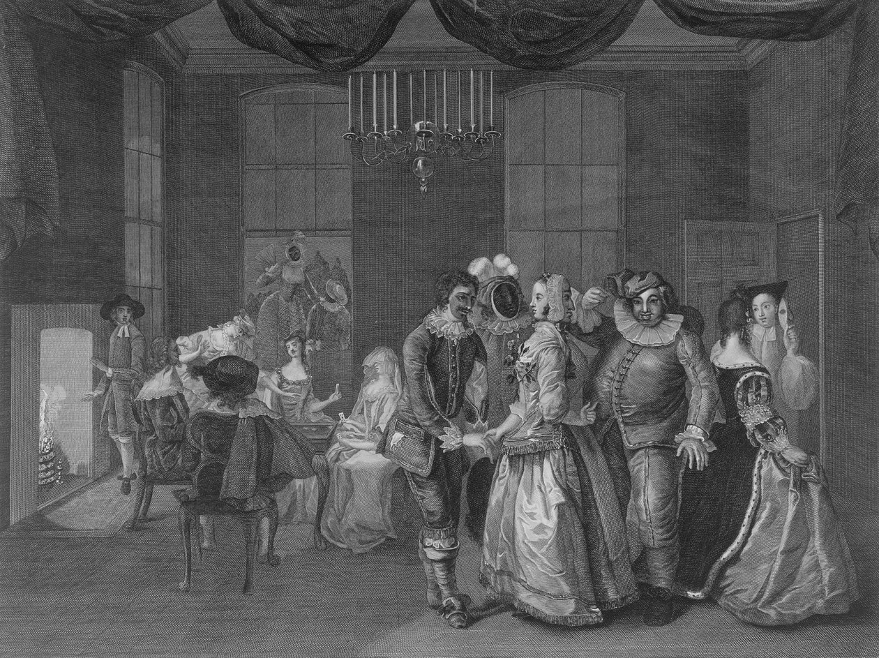 Indvendigt billede af Somerset House viser figurer klædt til en maskerade, 1805 af William Hogarth