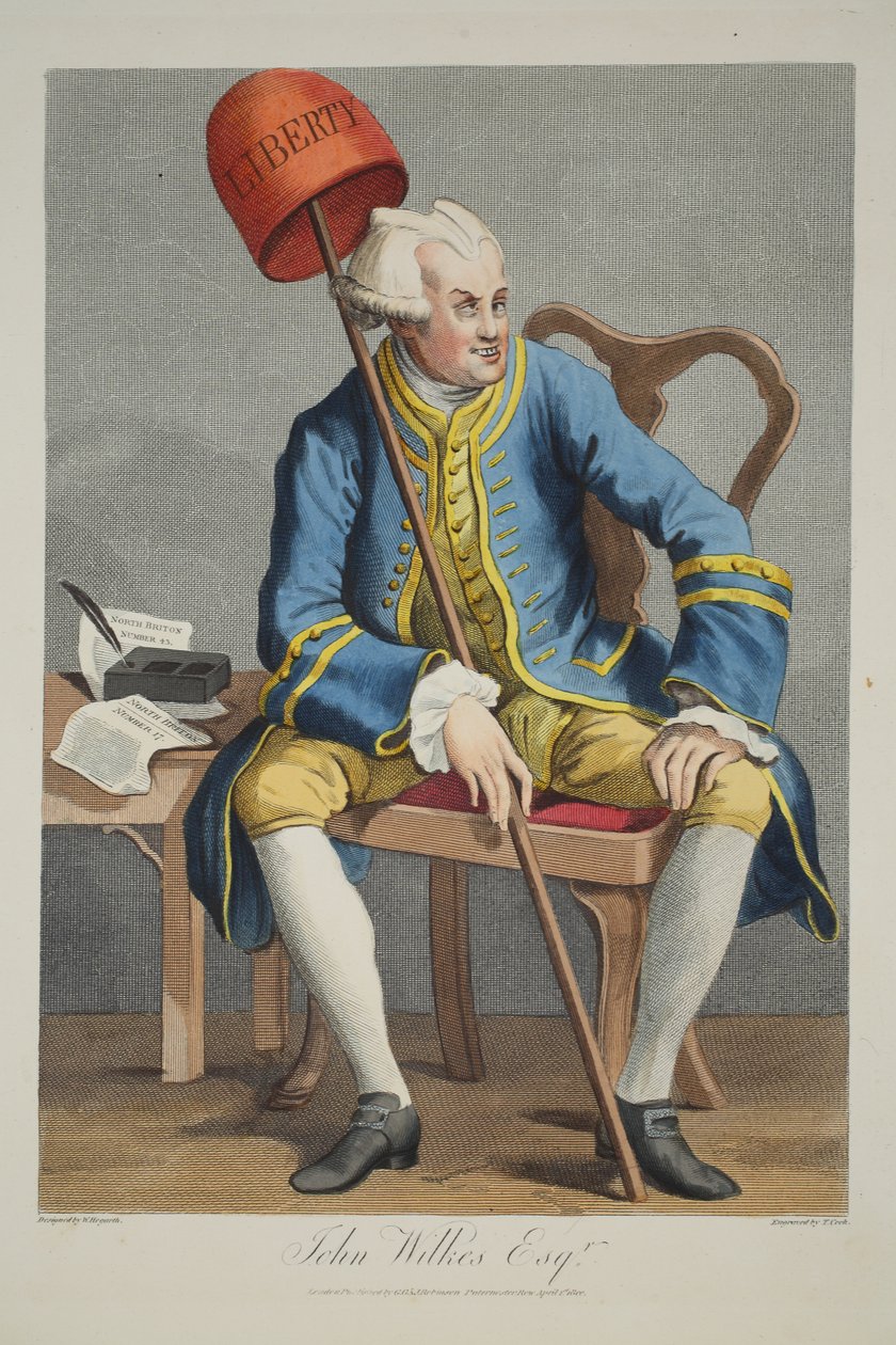 John Wilkes Esq., illustration fra "Hogarth Restored: The Whole Works of the celebrated William Hogarth, re-engraved by Thomas Cook", pub. 1812 (håndkoloreret gravering) af William Hogarth