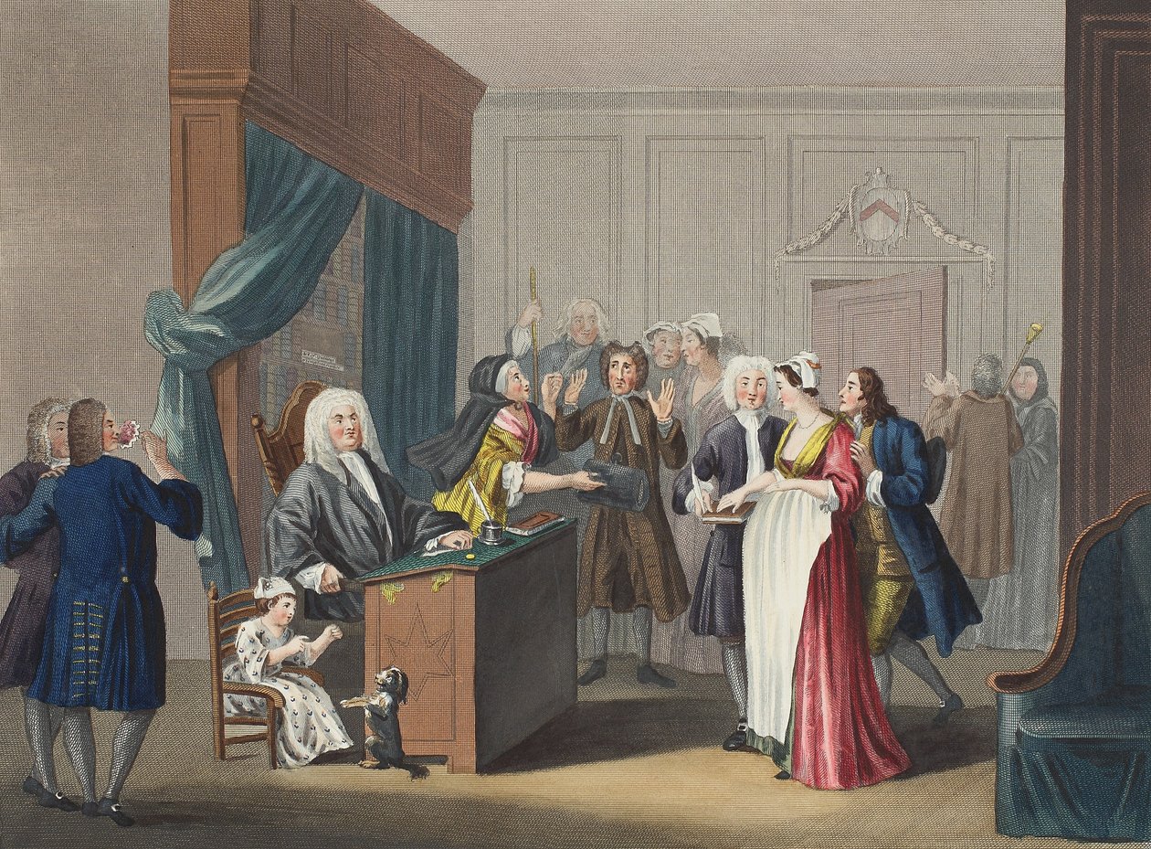 Retfærdigheden sejrer, illustration fra "Hogarth Restored": The Whole Works of the celebrated William Hogarth, re-engraved by Thomas Cook", pub. 1812 (håndkoloreret gravering) af William Hogarth