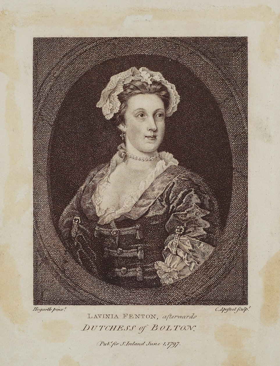 Lavinia Fenton, senere hertuginde af Bolton, graveret af Cornelius Apostool (1762-1844), 1797 (stiplet stik) af William Hogarth