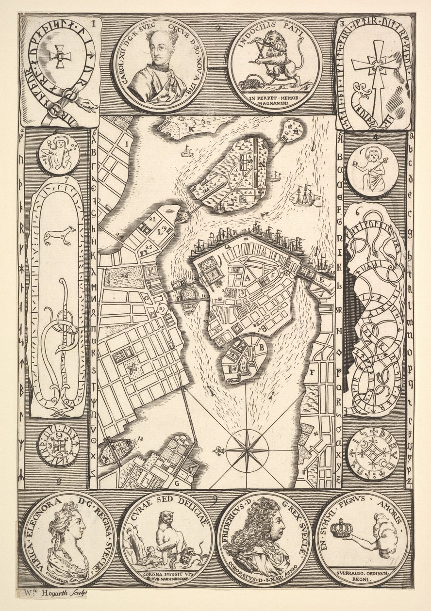 Kort over Stockholm Aubry de La Mottrayes rejser gennem Europa, Asien og ind i del..., 1723-24. af William Hogarth