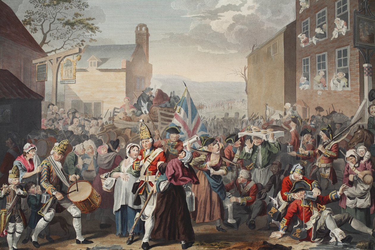 March of the Guards to Finchley, illustration fra "Hogarth Restored: The Whole Works of the celebrated William Hogarth, re-engraved by Thomas Cook", pub. 1812 (håndkoloreret gravering) af William Hogarth