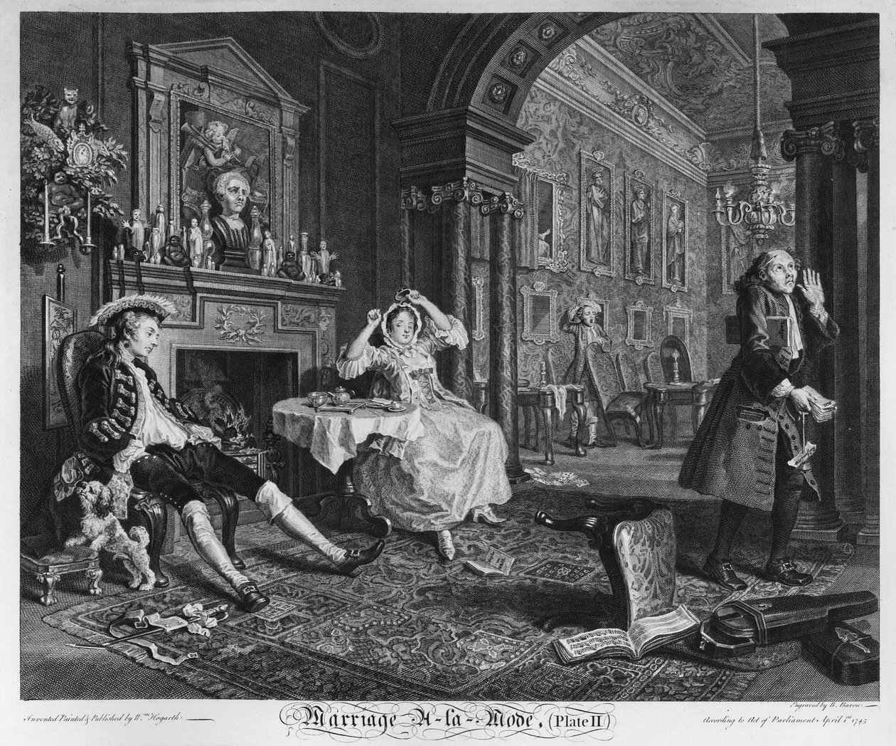 Ægteskab a la Mode, Tavle II, Tete a Tete, 1745 af William Hogarth