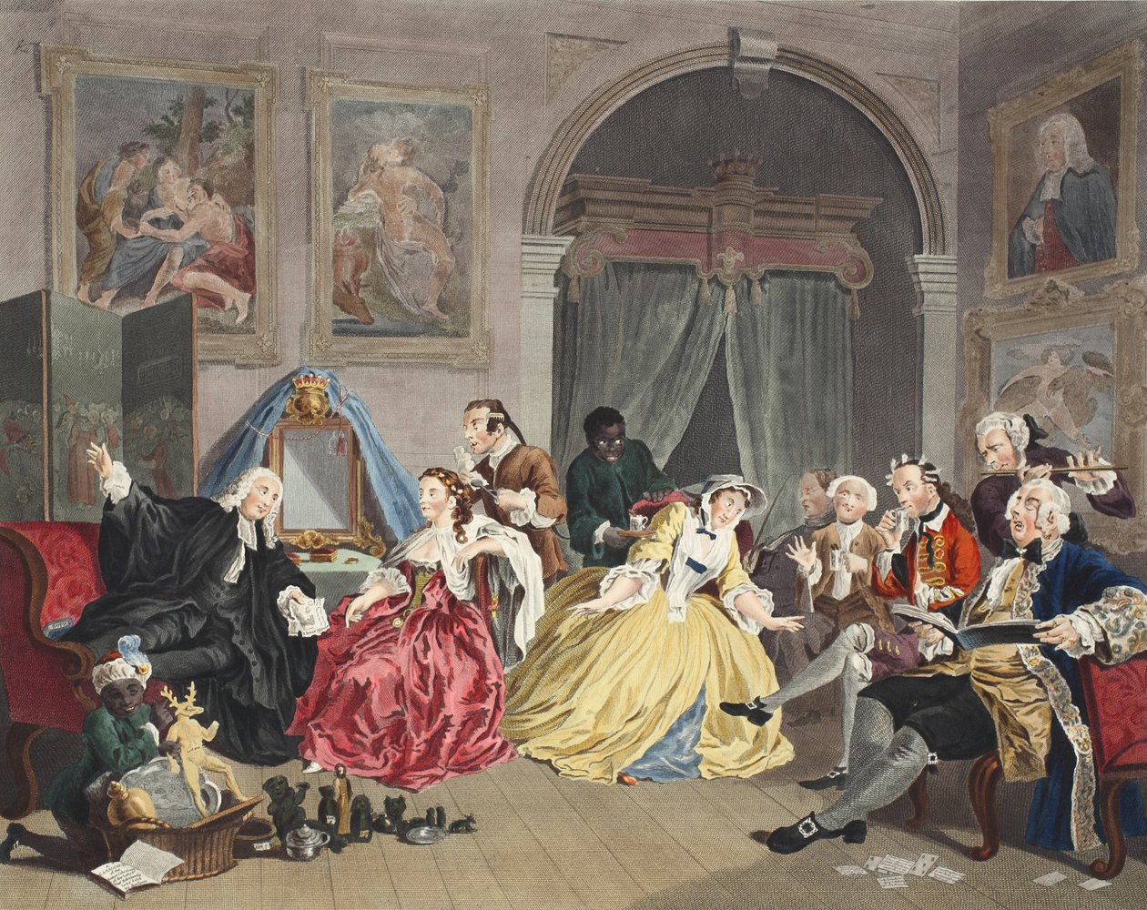 Ægteskab a la Mode, planche IV, Toiletten, illustration fra "Hogarth Restored: The Whole Works of the celebrated William Hogarth, re-engraved by Thomas Cook", pub. 1812 (håndkoloreret gravering) af William Hogarth