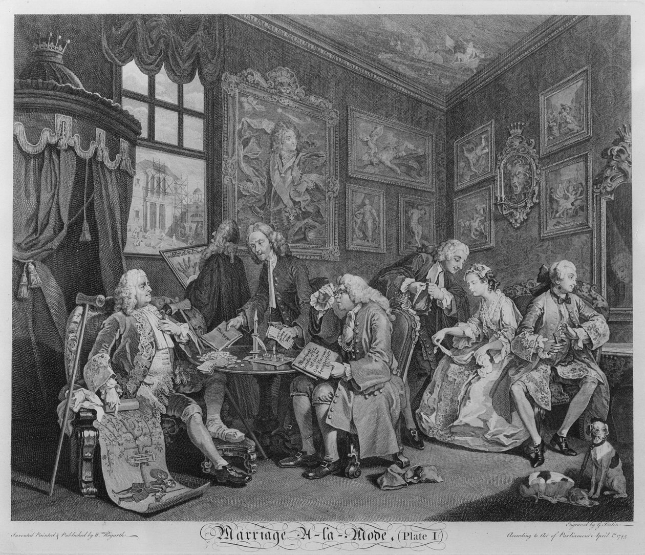 Ægteskab a la Mode, Tavle I, Ægteskabsforliget, 1745 af William Hogarth