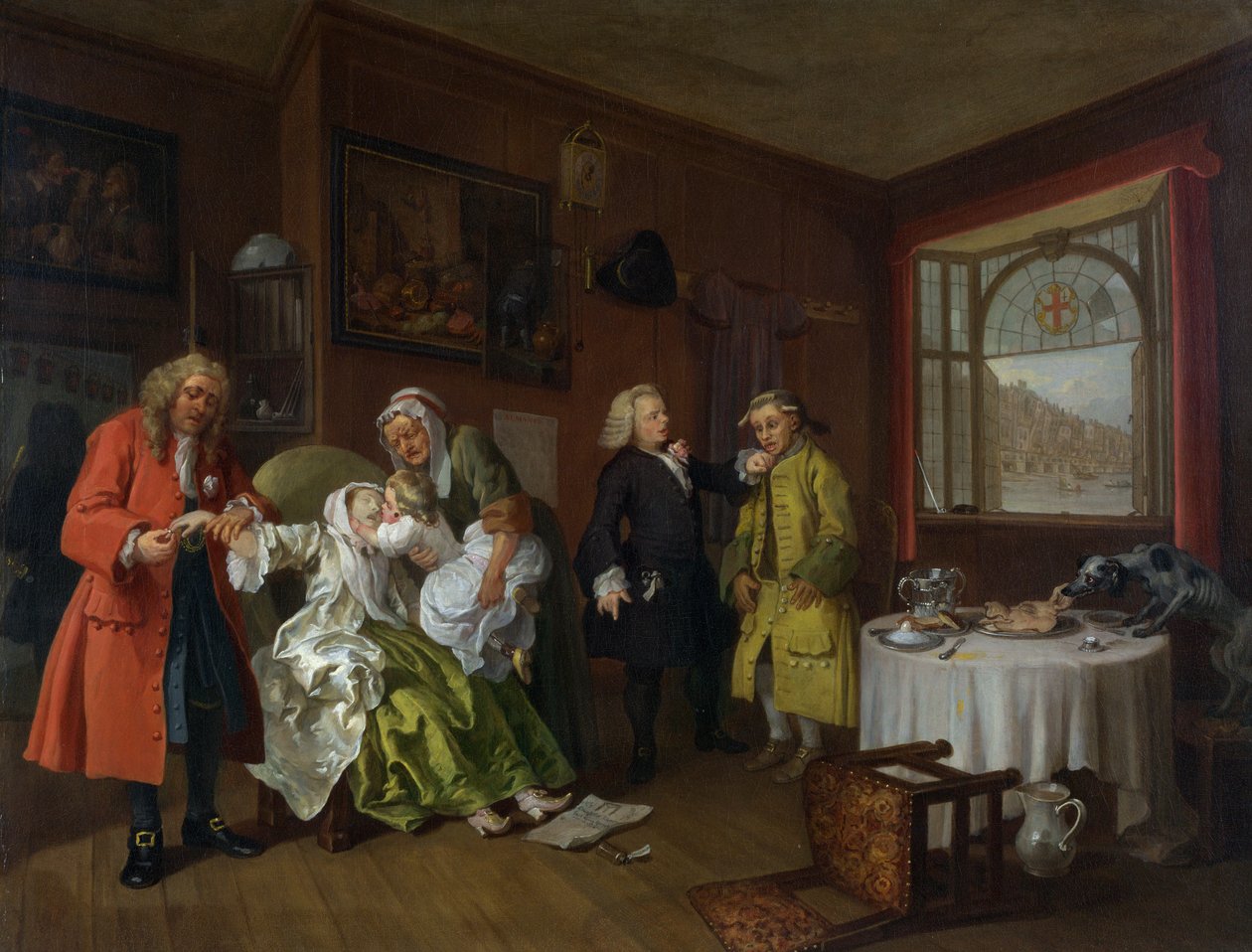 Ægteskab a la Mode: VI, Fruens død, ca. 1743 (olie på lærred) af William Hogarth