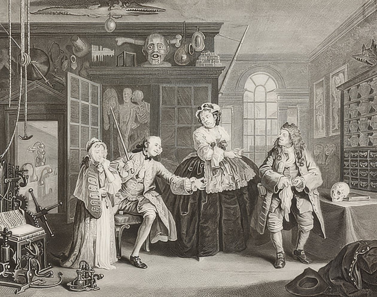 Ægteskab à la Mode / ægteskab efter mode. Blad 3: Inspektionen / Greven og Kvaksalveren. 1745 af William Hogarth