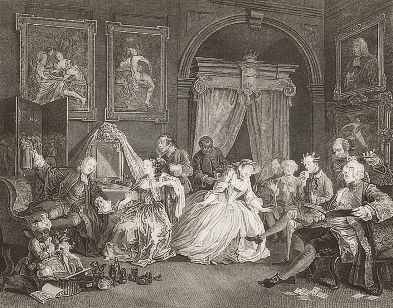 Ægteskab à la Mode / Ægteskab efter moden. Ark 4: Toiletten / Grevindens håndtag. 1745 (se også billede nr. 2221) af William Hogarth