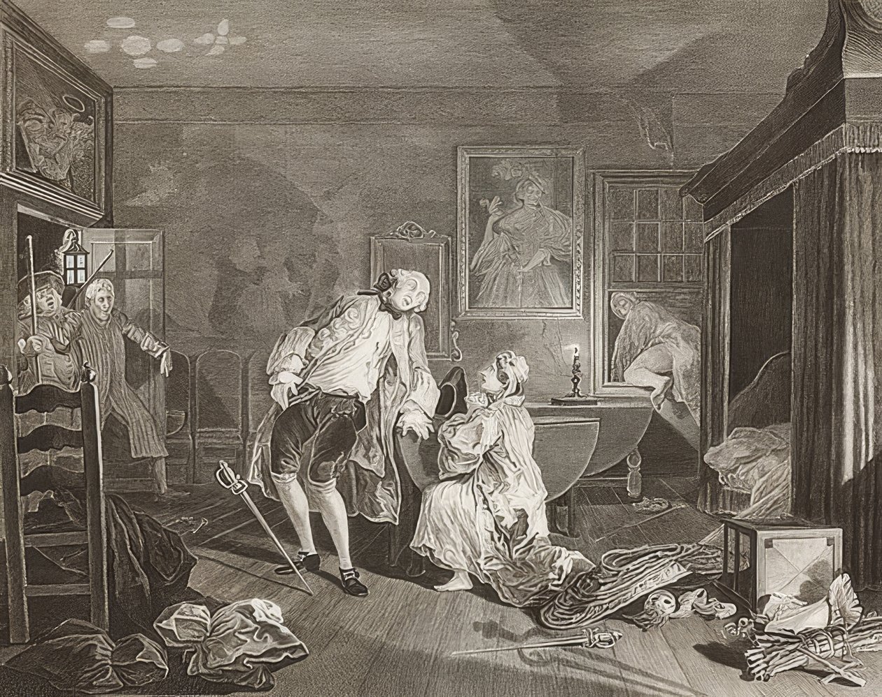 Ægteskab à la Mode / ægteskab efter mode. Ark 5: Bagnio / Greven falder i en duel. 1745 af William Hogarth
