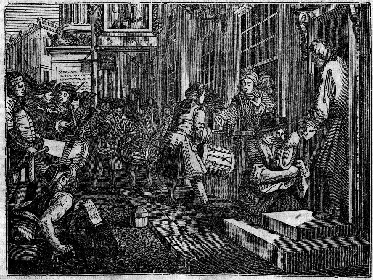 Plade fra en serie på 12 graveringer af William Hogarth (1697-1764), britisk illustrator, med titlen "Industry and Idleness", "Zele and laziness", der fortæller om karrieren for to lærlinge: Goodchilds bryllup med datteren af sin vævermester af William Hogarth