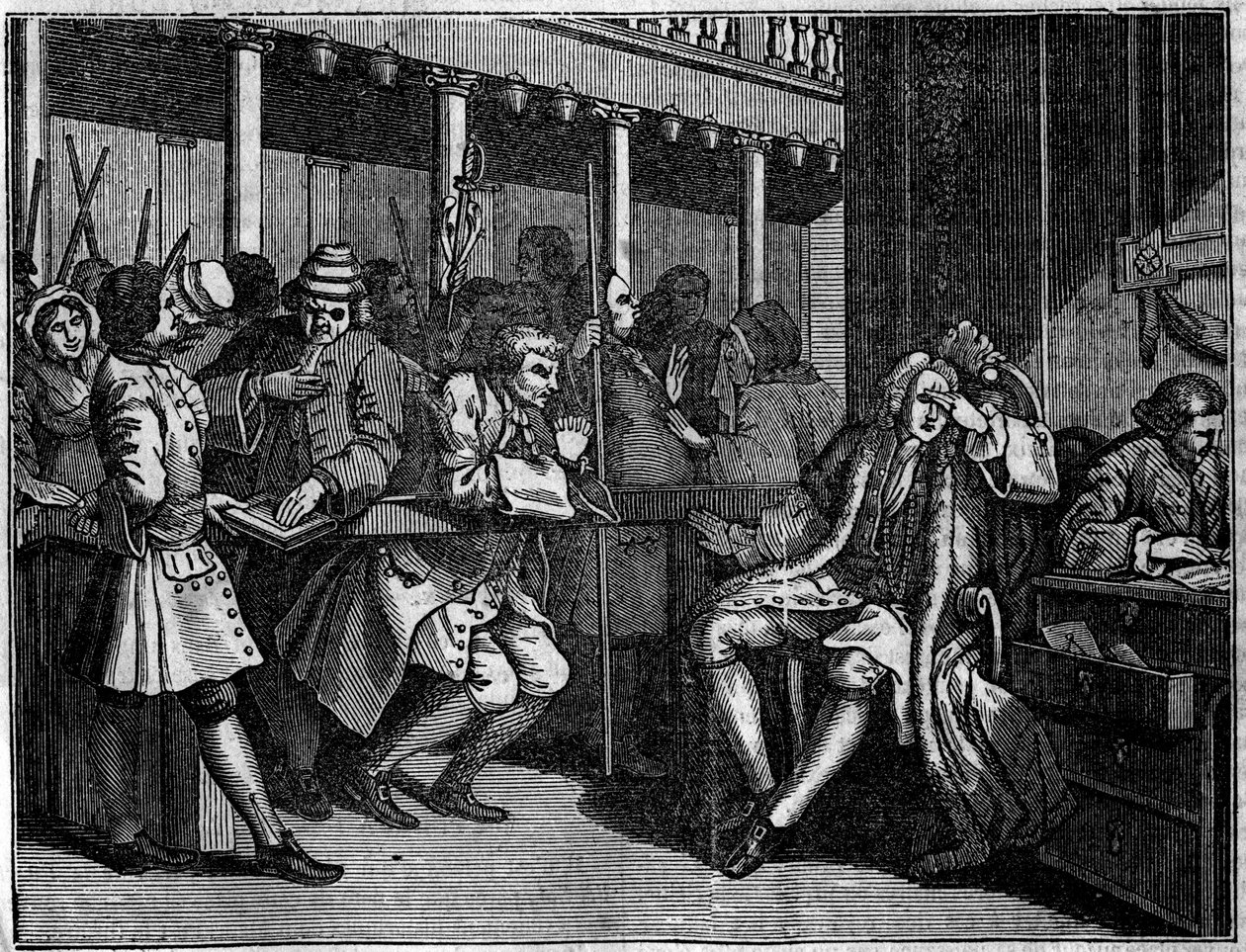 Plade fra en serie på 12 graveringer af William Hogarth (1697-1764), britisk illustrator, med titlen "Industry and Idleness", "" Zele and laziness", der fortæller om karrieren for to lærlinge: Thomas Idle, skyldig i sine laster, var dommer af Goodchild, bl af William Hogarth