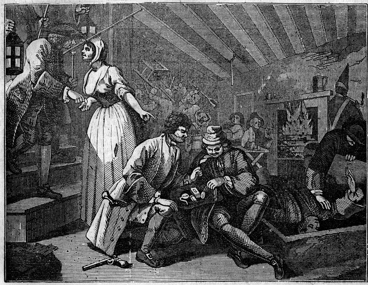 Plade taget fra en serie på 12 graveringer af William Hogarth (1697-1764), britisk illustrator, med titlen "Industry and Idleness", "" Zele and laziness"", der fortæller om karrieren for to lærlinge: Thomas Idle, skyldig i sine laster, var holdt i en værts af William Hogarth