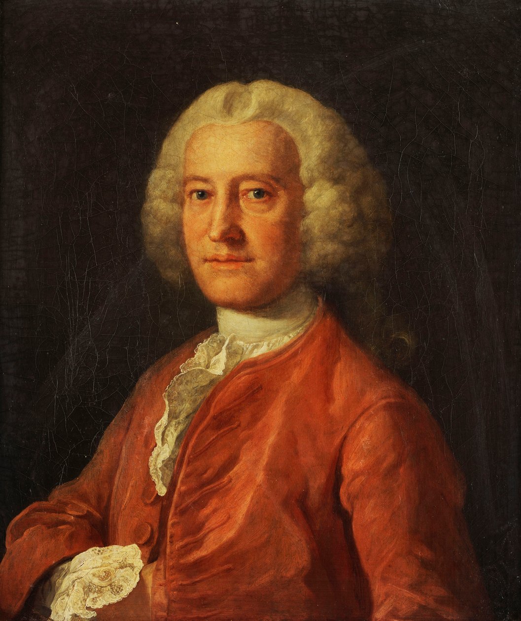Portræt af Samuel Martin, brystlængde, i en lyserød frakke, hvid skaft og hvid skjorte med blondekanter, med højre hånd gemt i jakken, ca. 1763 af William Hogarth
