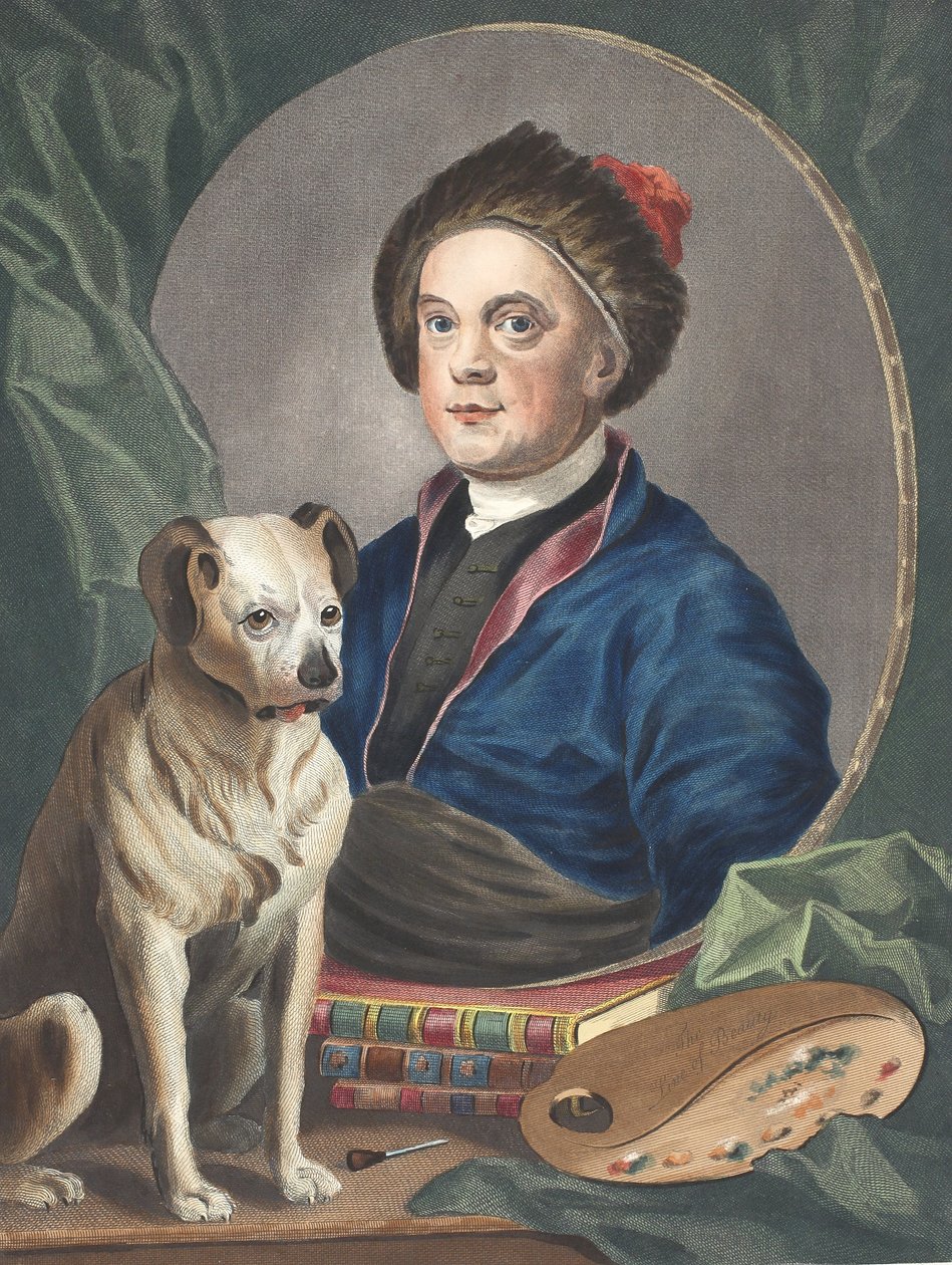Selvportræt, illustration fra "Hogarth Restored: The Whole Works of the celebrated William Hogarth, re-engraved by Thomas Cook", pub. 1812 (håndkoloreret gravering) af William Hogarth