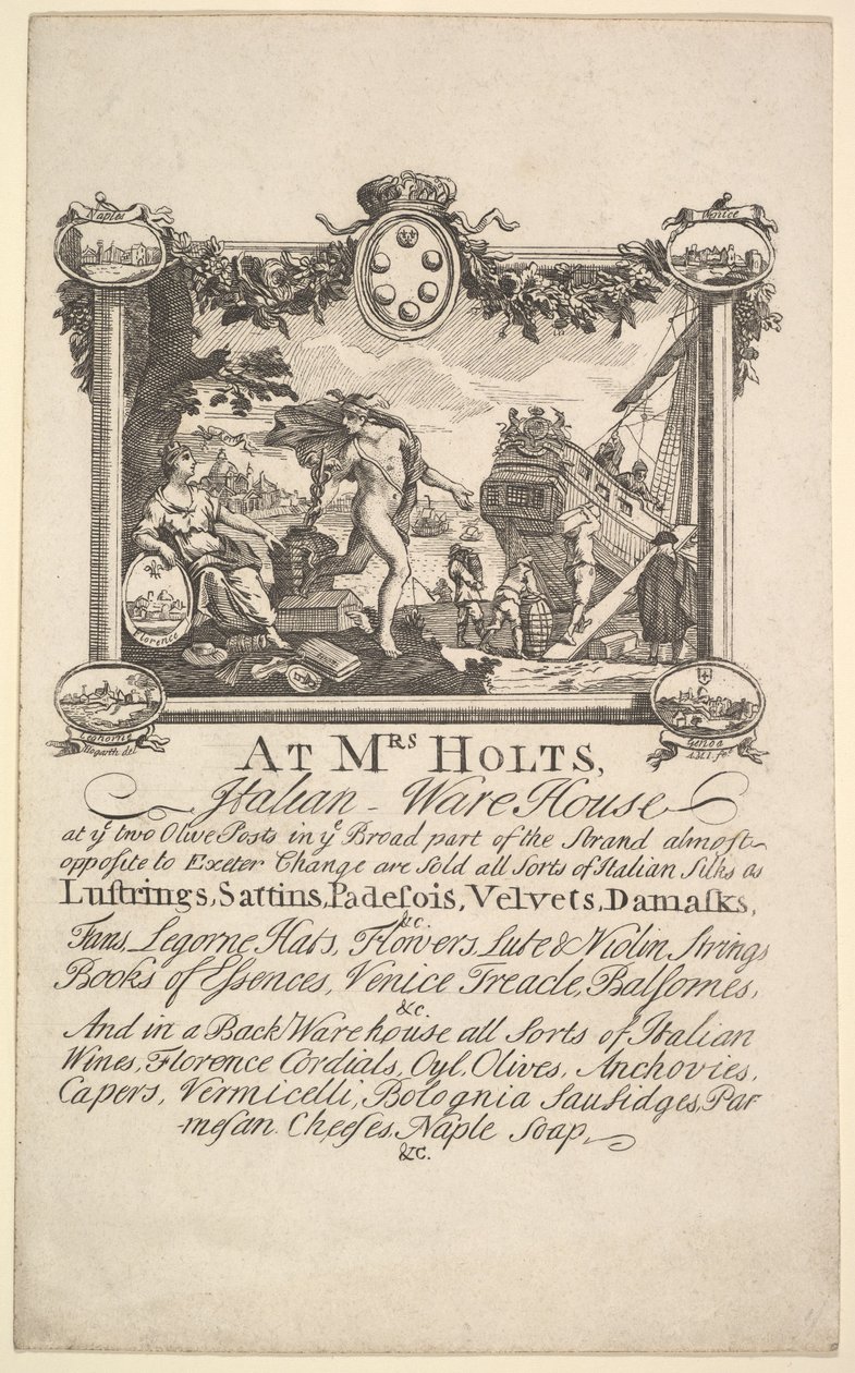 Butikskort til fru Holts italienske pakhus, 1720-72. af William Hogarth